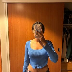 Blue Ribbed Long Sleeve Crop Top